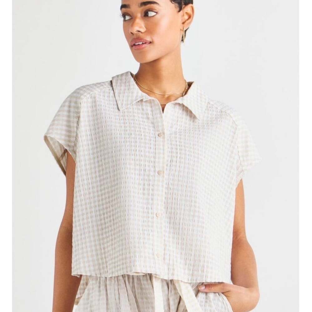 Splendid Beige XL Gingham Cropped Button Front Shirt Shirred Back Seersucker